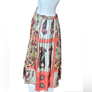 J CREW Collection 100% Silk Coral & Taupe Paisley Kerchief Pleated Skirt Size 4